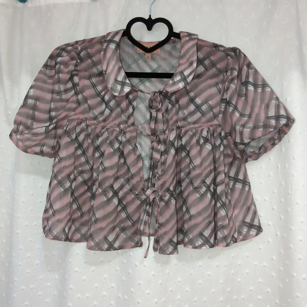 Chic Women's Blouse Plaid Pink and Gray Cottagecore Soft Girl Tie Crop Top Bows
